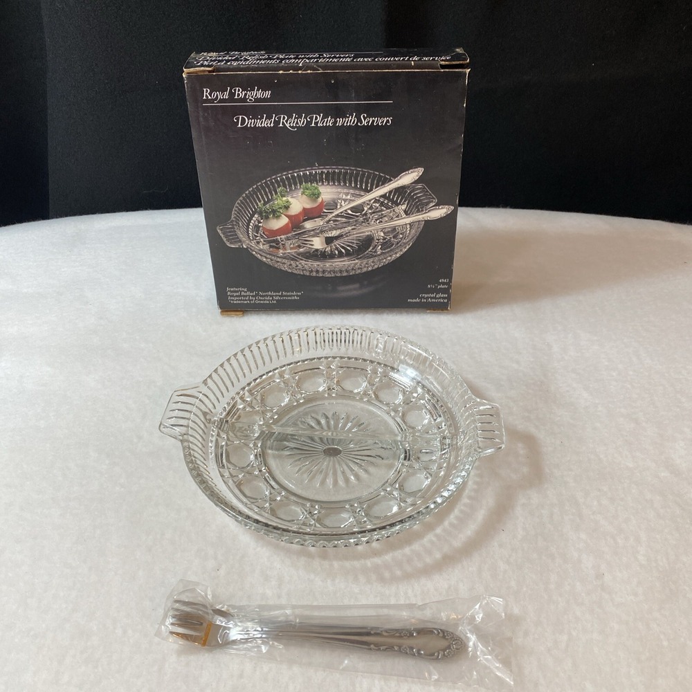 Crystal Glass Royal Brighton Divided Relish Plate with Servers Stainless USA NEW